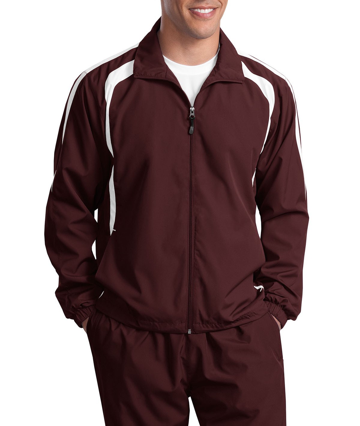 Sport-Tek® Chamarra deportiva bicolor repelente al agua. JST60 marrón/blanco