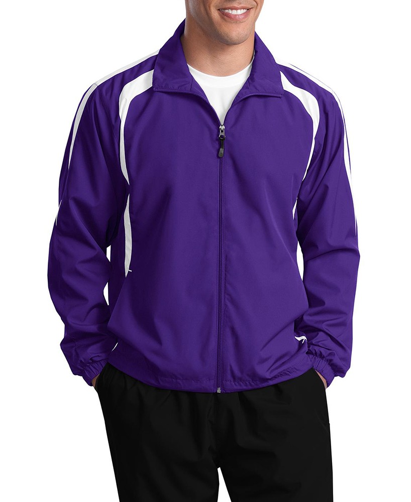 Sport-Tek® Chamarra deportiva bicolor repelente al agua. JST60 morado/blanco