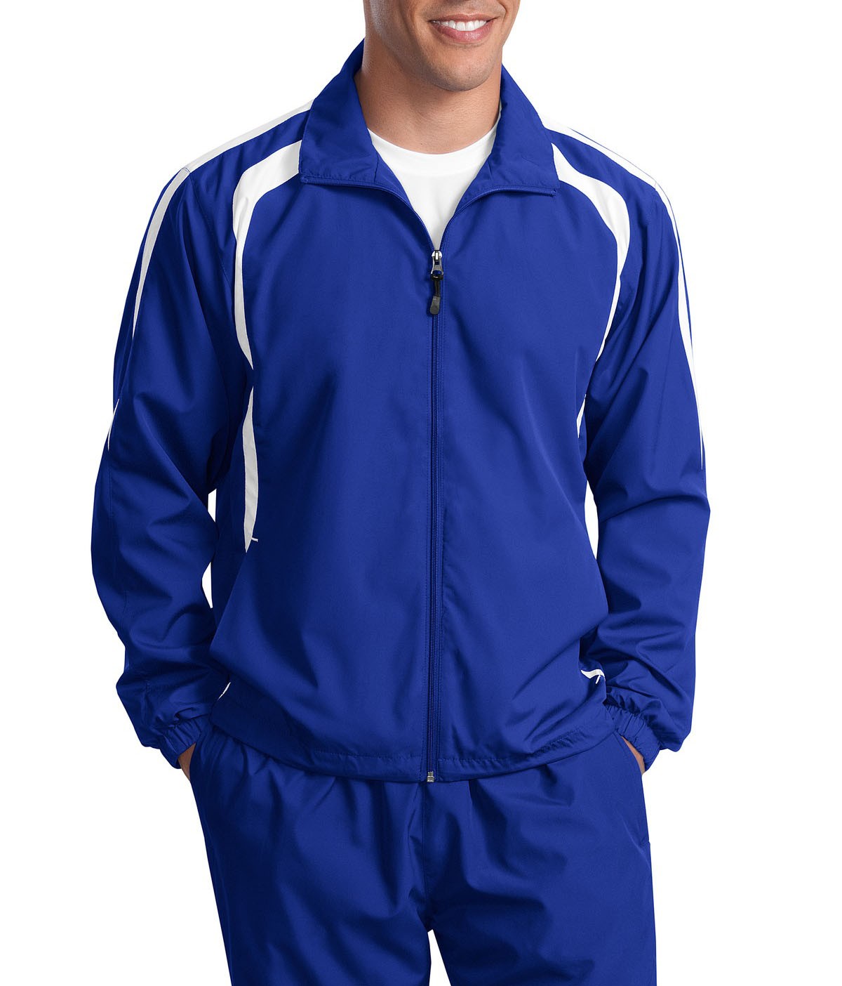 Sport-Tek® Chamarra deportiva bicolor repelente al agua. JST60 azul rey/blanco
