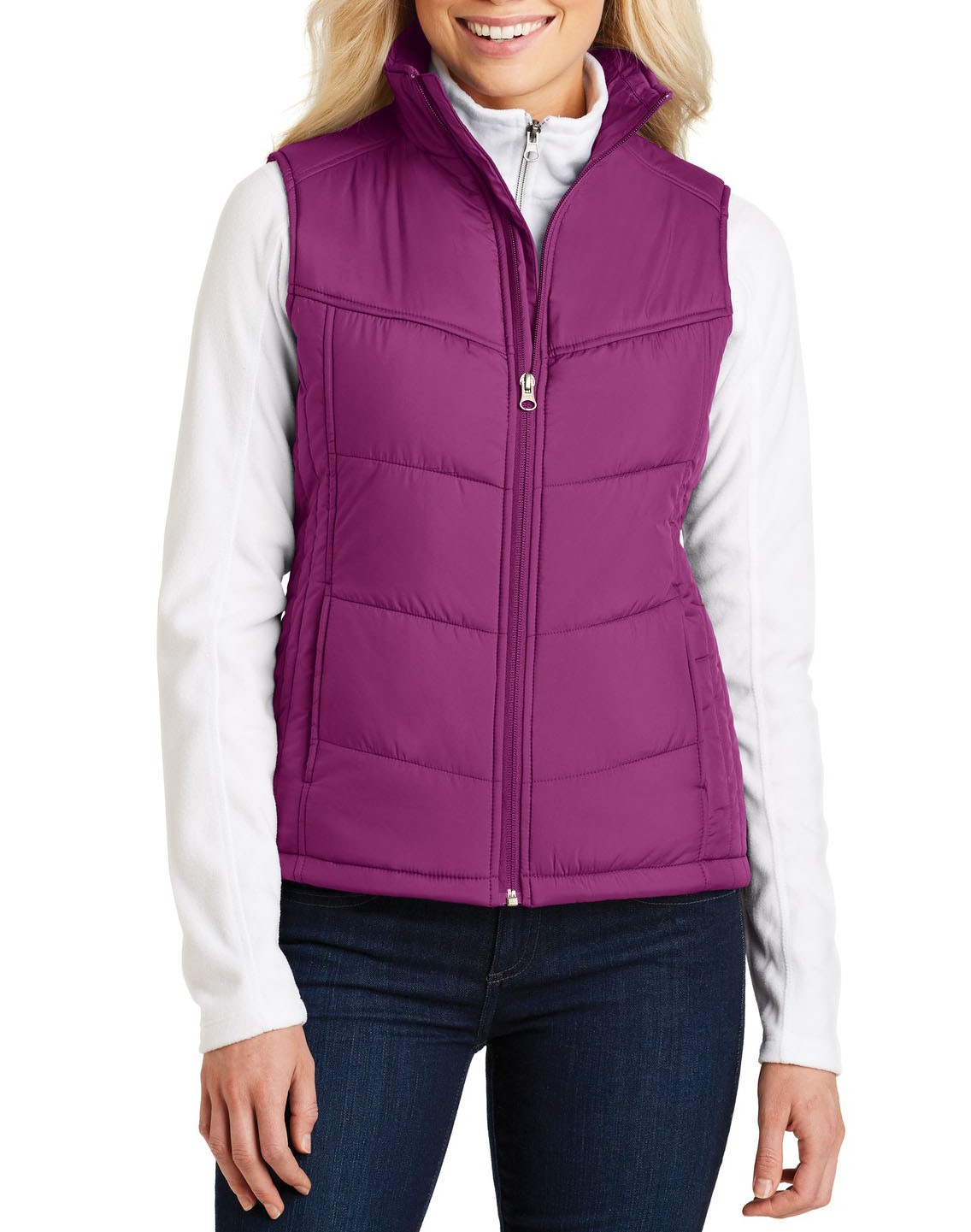 Port Authority® Chaleco acolchado para dama con cuello estilo cadete. L709 baya brillante