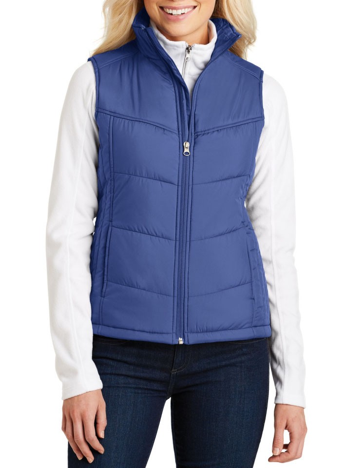 Port Authority® Chaleco acolchado para dama con cuello estilo cadete. L709 azul mediterréneo