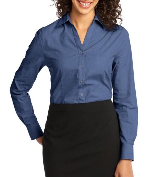Port Authority® blusa crosshatch de manga larga, agradable textura y fácil cuidado. L640 azul profundo